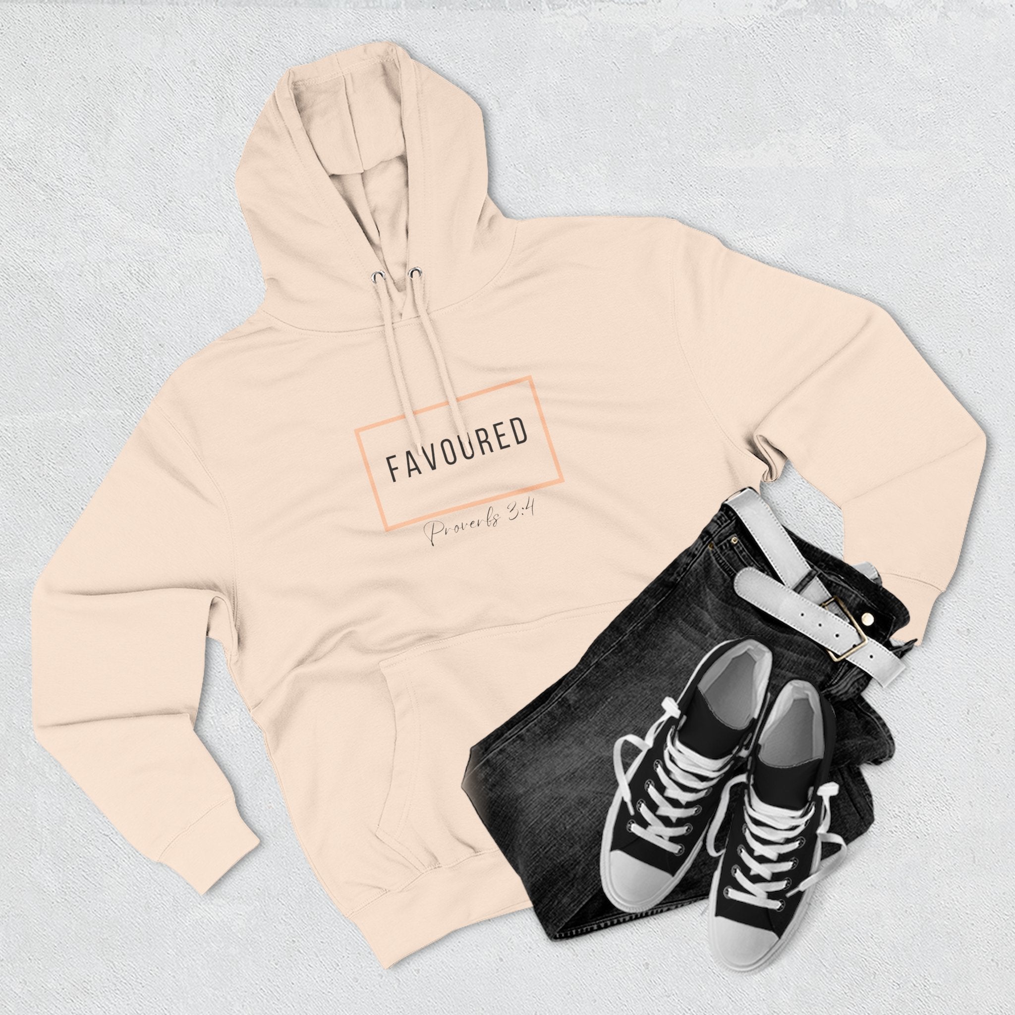 Favoured Christian Hoodie – Proverbs 3:4 Scripture Minimalist Hoodie | Faith-Based Unisex Fleece Pullover
