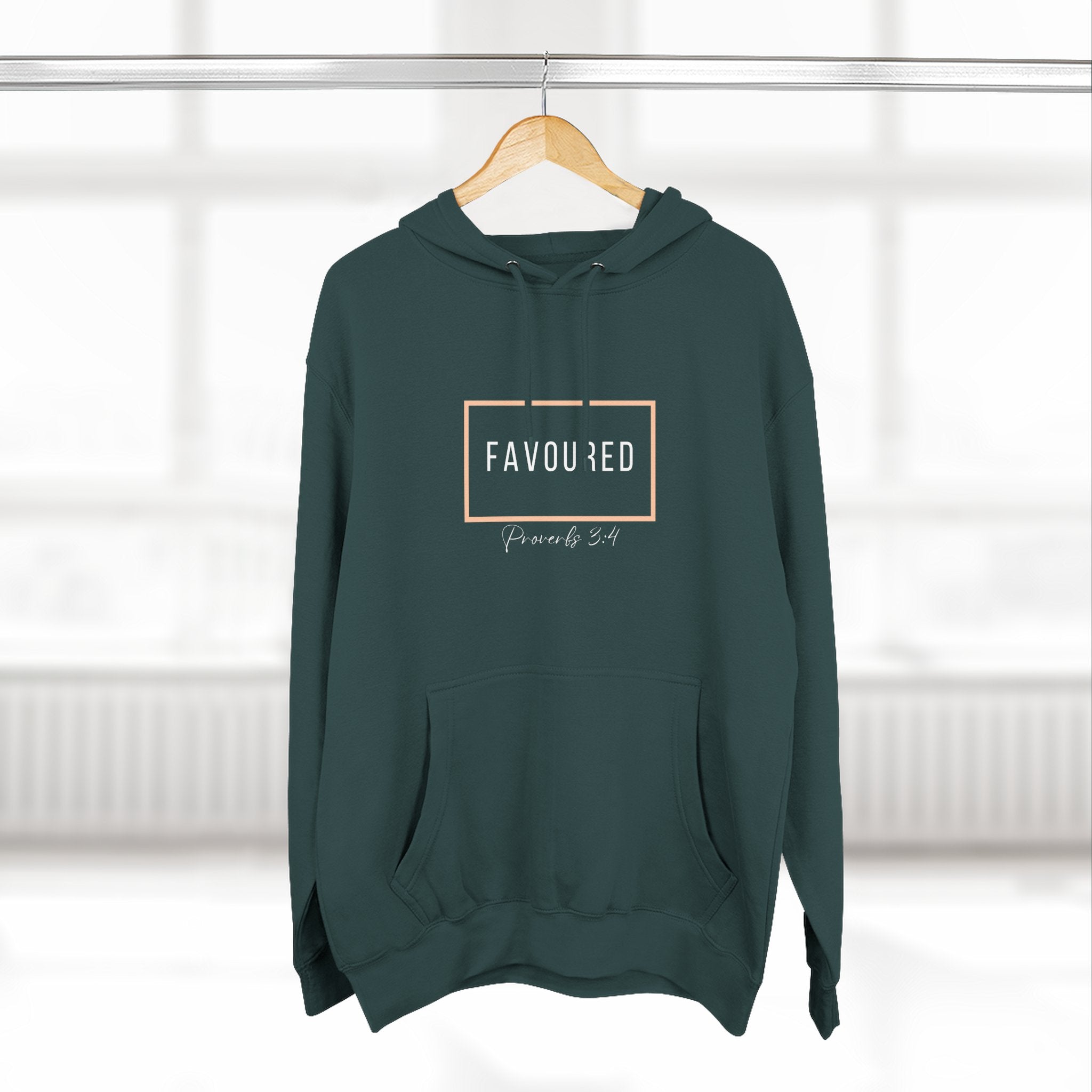 Favoured Christian Hoodie – Proverbs 3:4 Scripture Minimalist Hoodie | Faith-Based Unisex Fleece Pullover
